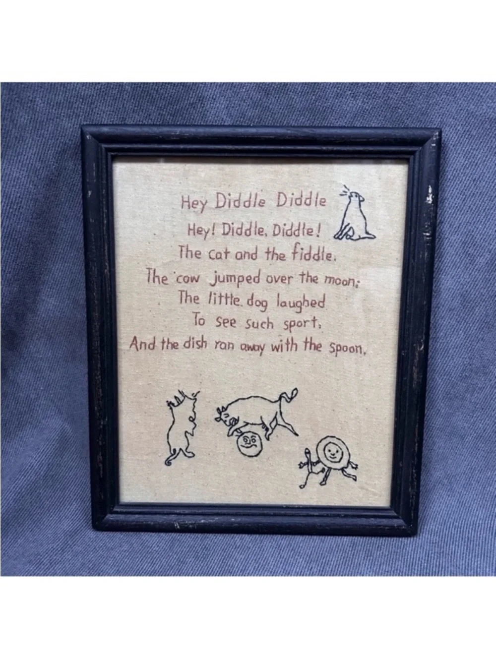 Vintage embroidered picture the cow jumped over the moon primitive